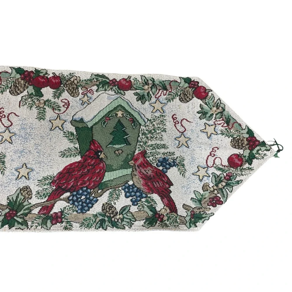 Christmas Cardinal Table‎ Runner Vintage Birdhouse Holly Red Birds Festive Decor
